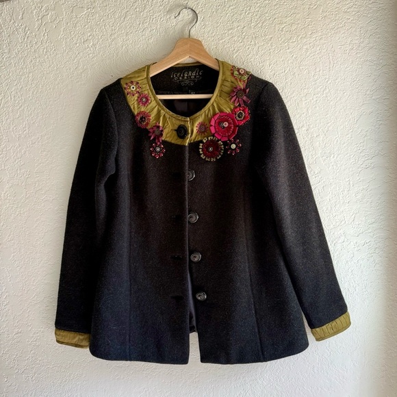 Icelandic Design Jackets & Blazers - Icelandic Design Green Silk Appliqué Embroidered Lined Wool Jacket Women’s Sm